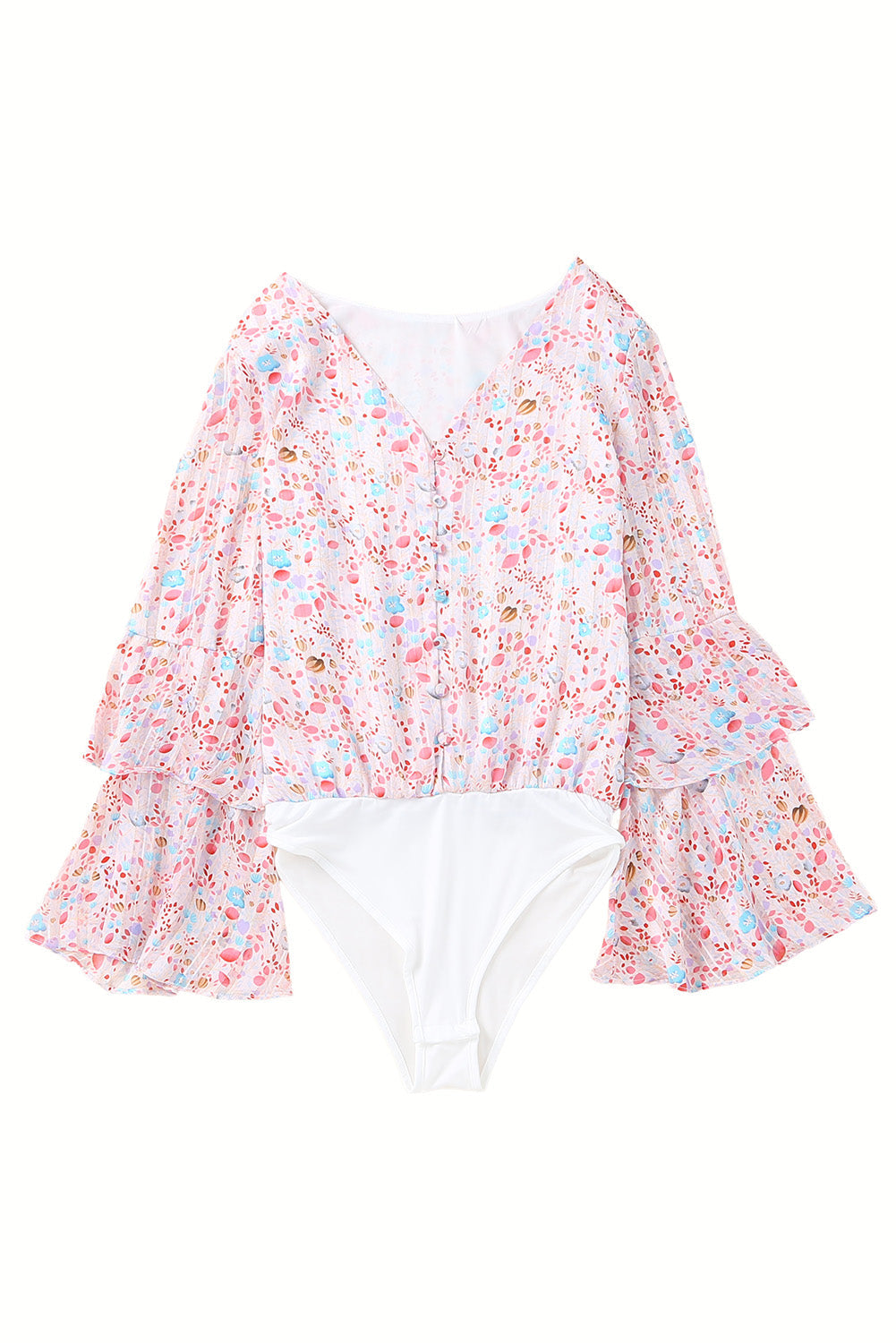 Pink Tiered Ruffled Bell Sleeve Floral Bodysuit