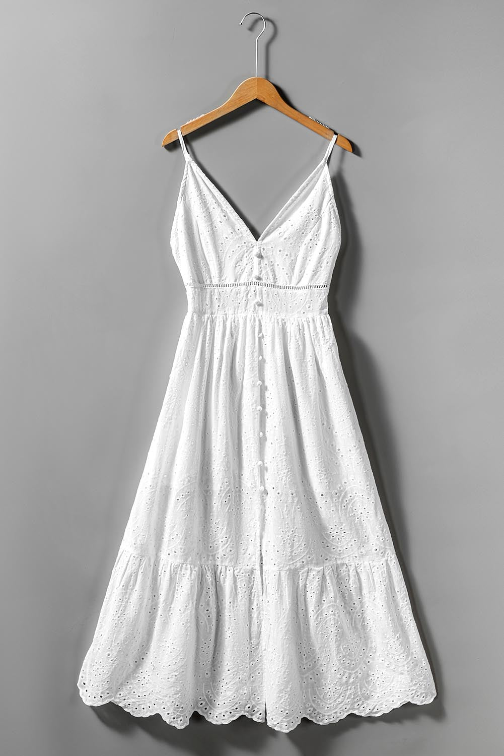 White Embroidered Spaghetti Straps Maxi Dress with Pearls
