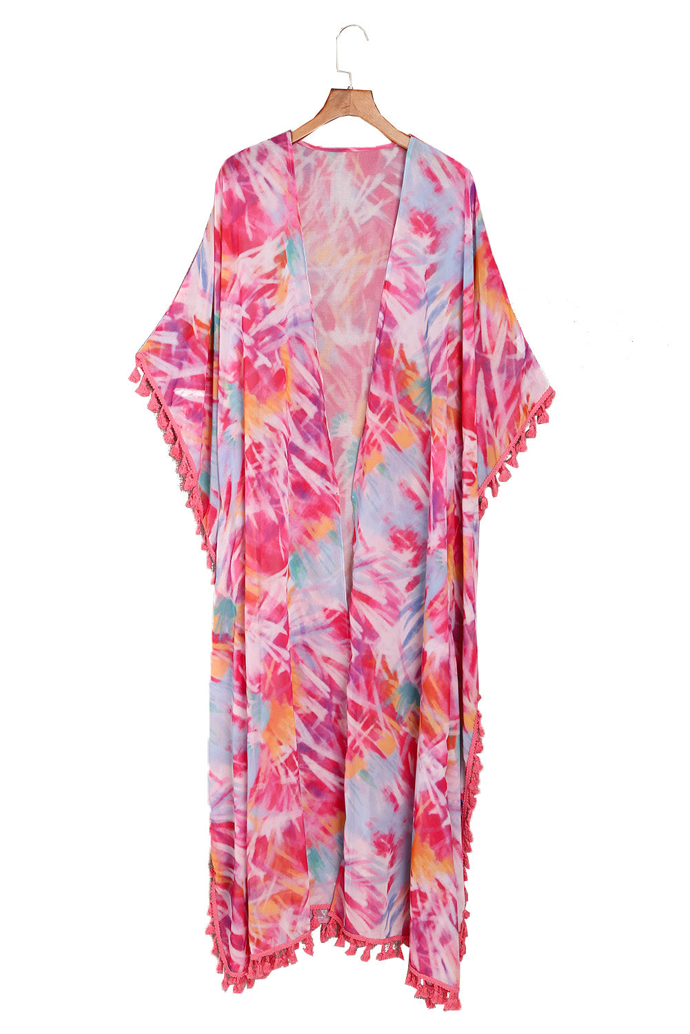 Multicolor Tie-dye Tassel Trim Kimono