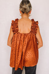 Orange Leopard Print Ruffled Wide Strap Satin Tank Top