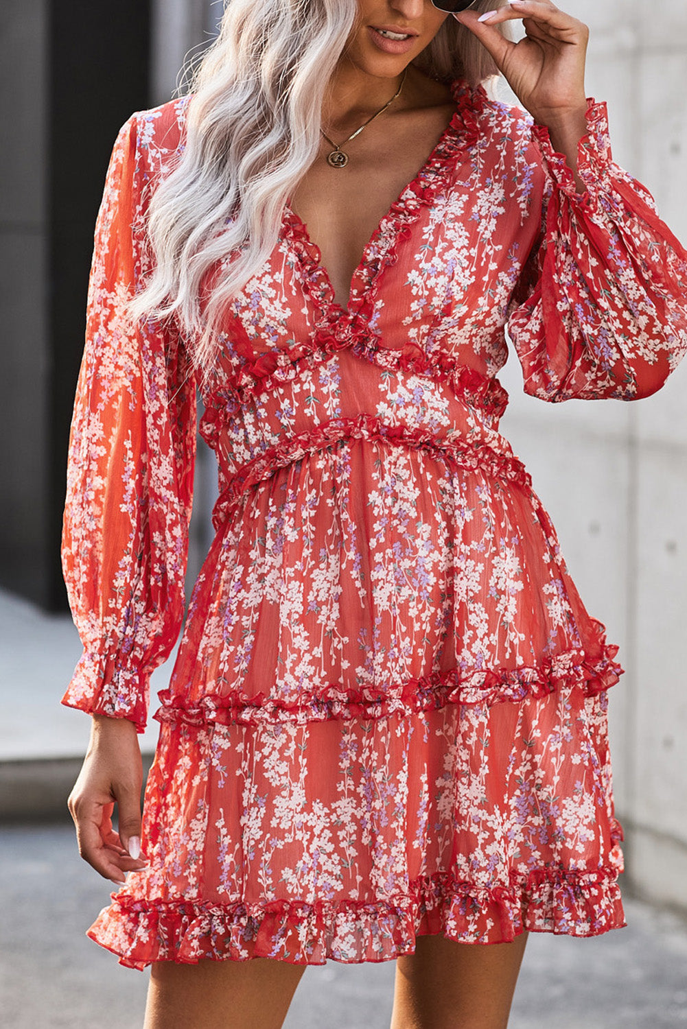 Blue Ruffle Detailing Open Back Floral Dress