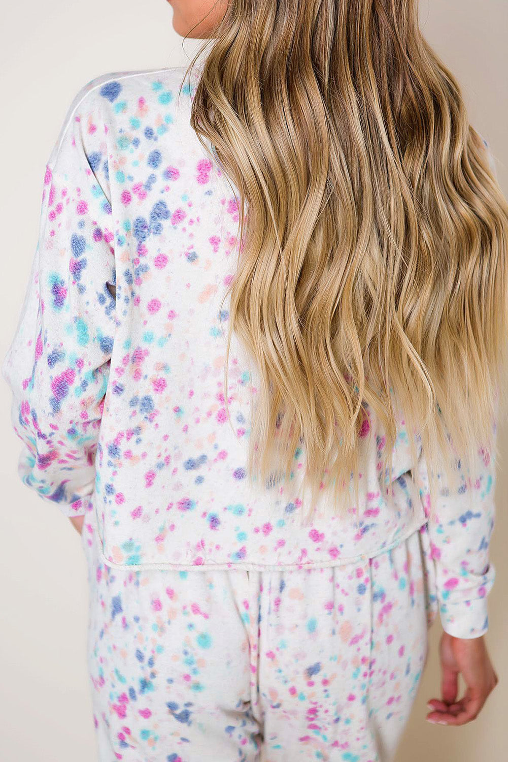 White Tie-dye Long Sleeve Crop Pullover and Joggers Lounge Set