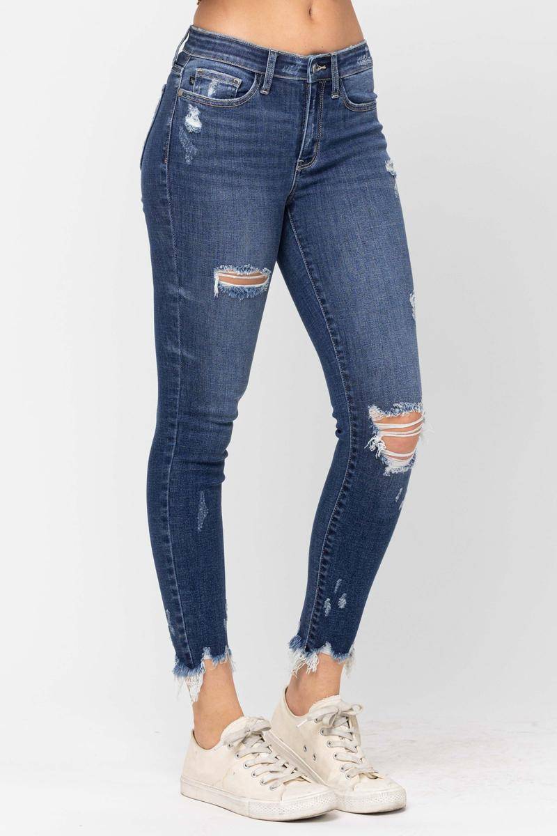 Mid-Rise Raw Hem Destroyed Skinny Jeans