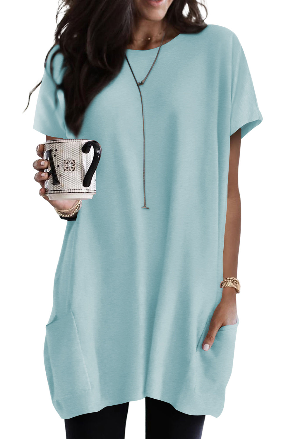 Black Side Pockets Short Sleeve Tunic Top