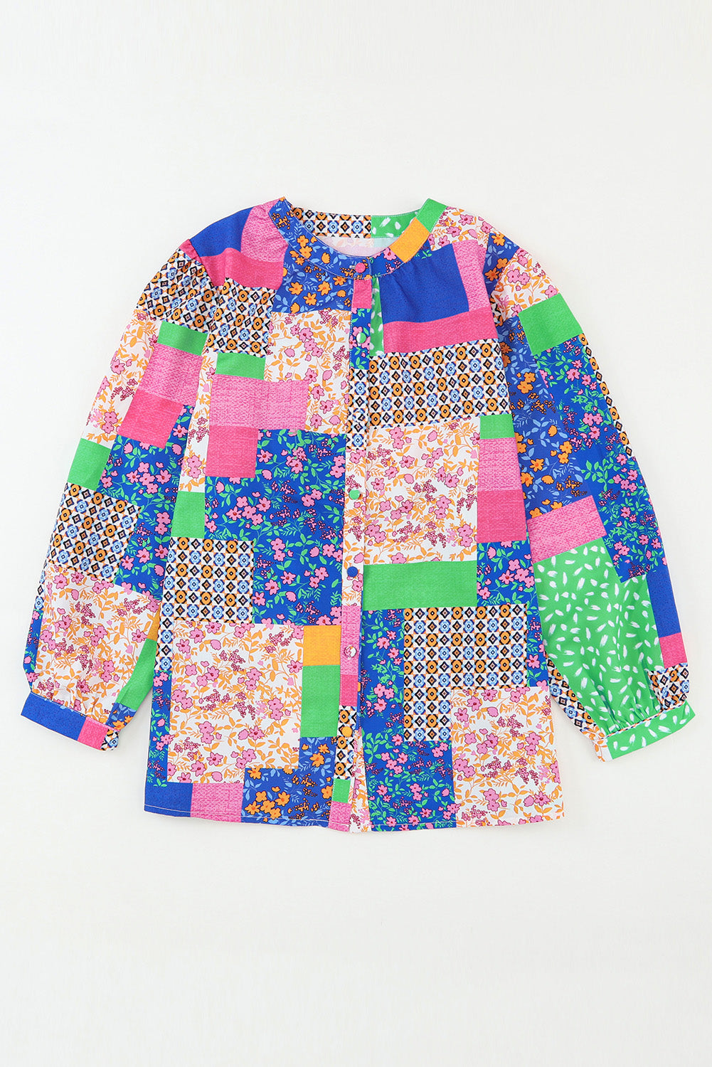 Multicolor Floral Patchwork Print Buttoned Puff Sleeve Shirt