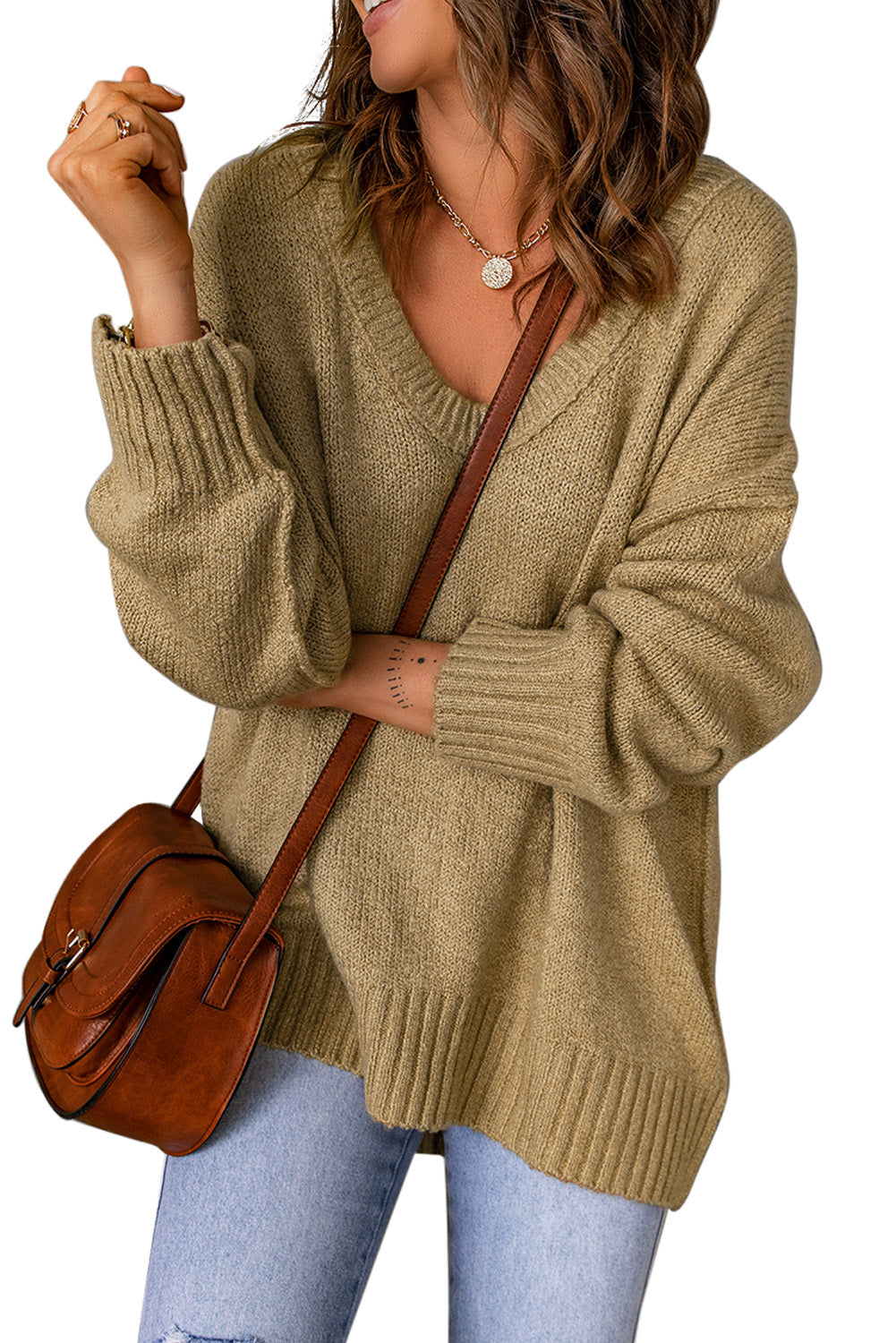 Khaki Ribbed Trim Oversize Sweater