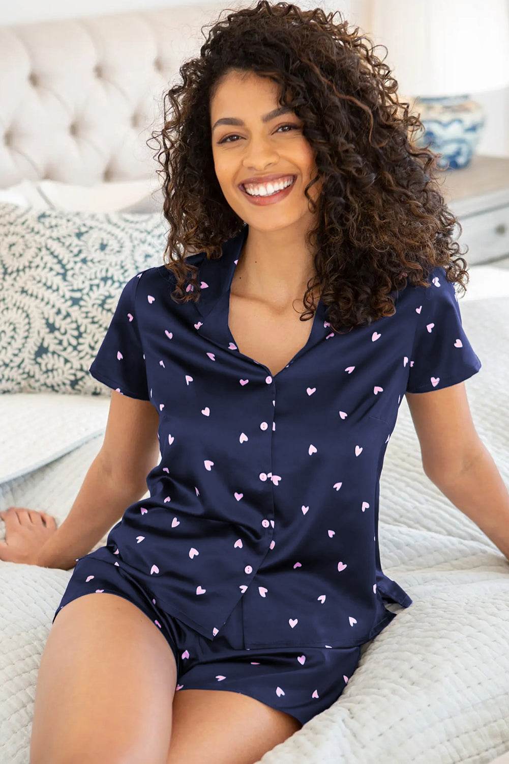 Blue Satin Heart Print Short Sleeve Top and Shorts Lounge Set