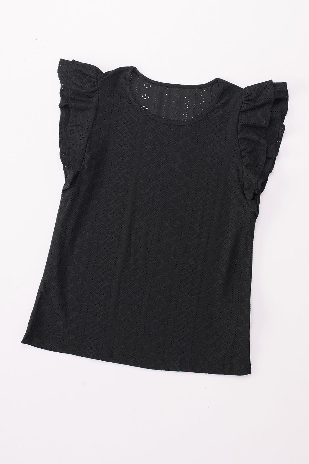 Black Rhombus Textured Ruffle Short Sleeve Blouse