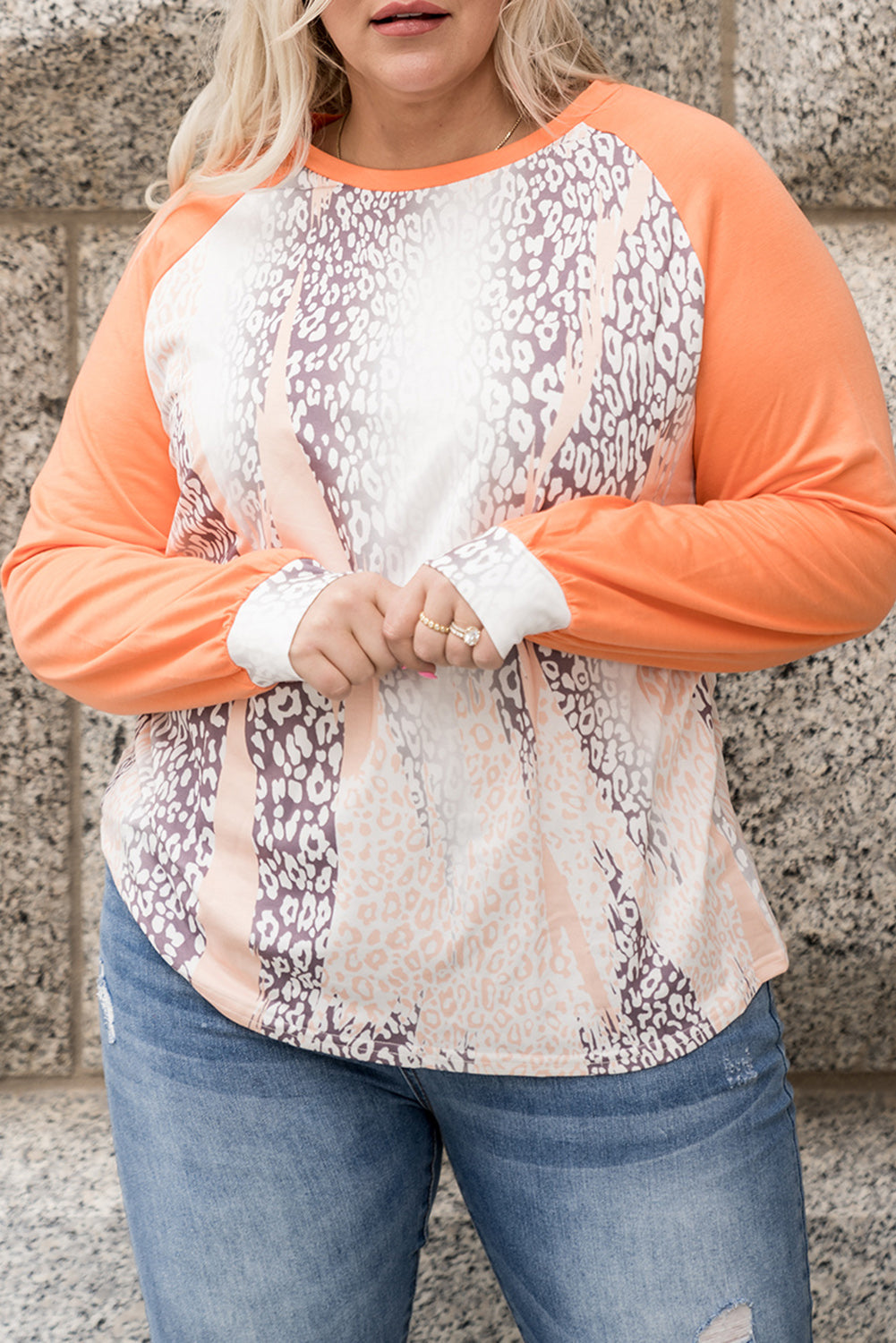 Orange Snakeskin Print Raglan Long Sleeve Plus Size Top