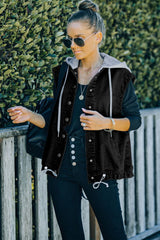 Black Solid Color Hooded Denim Vest Jacket