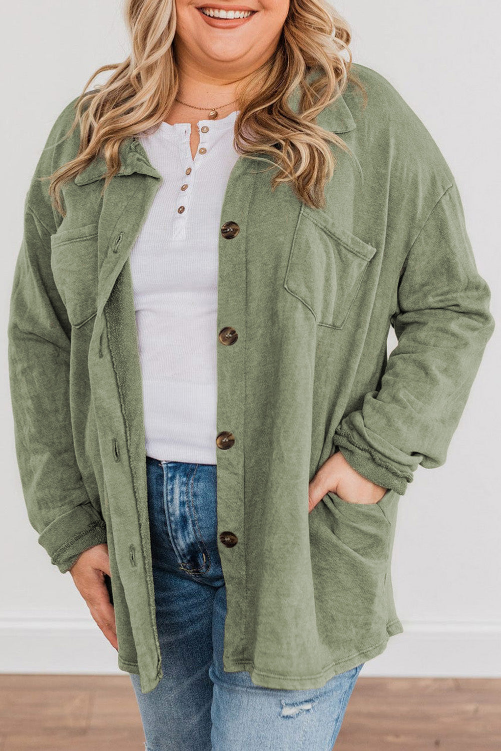 Green Plus Size Buttons Closure Pocketed Shacket