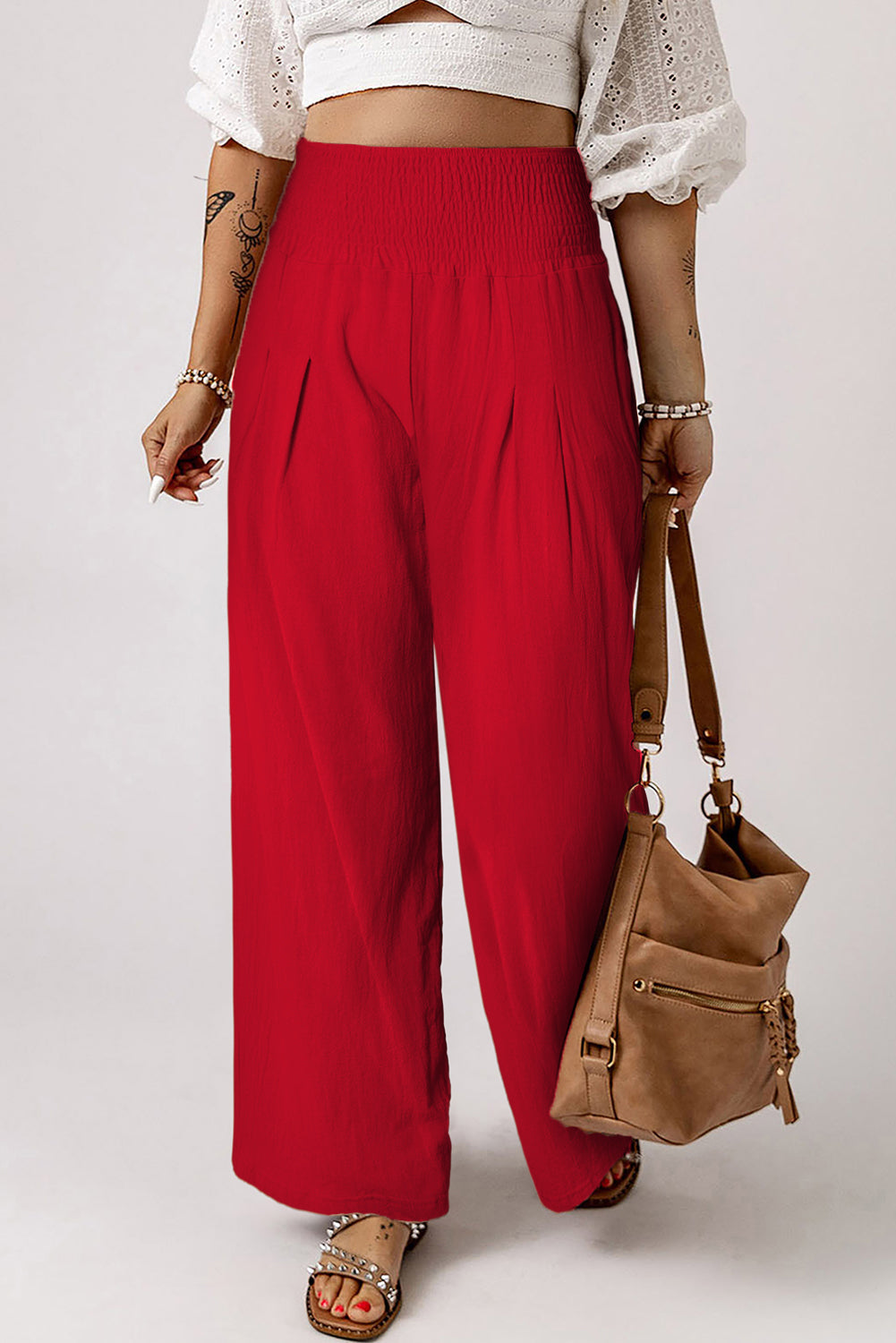 Black Smocked Wide Waistband High Waist Wide Leg Pants