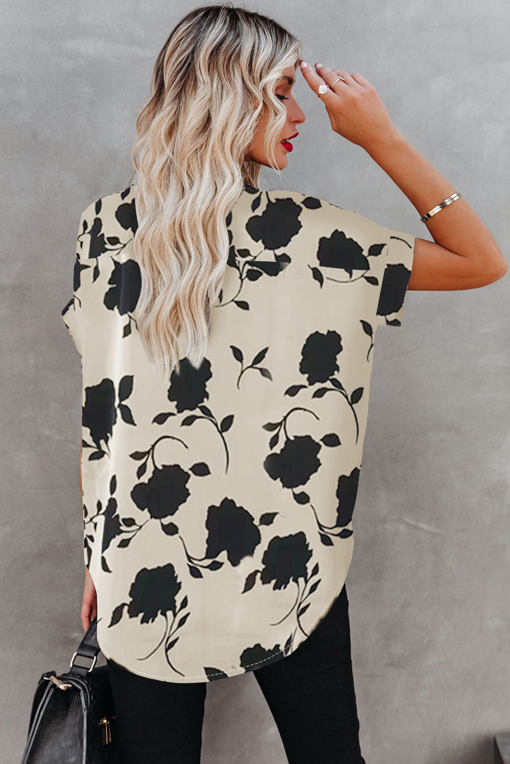 Black Floral Printed Short Sleeve Blouse