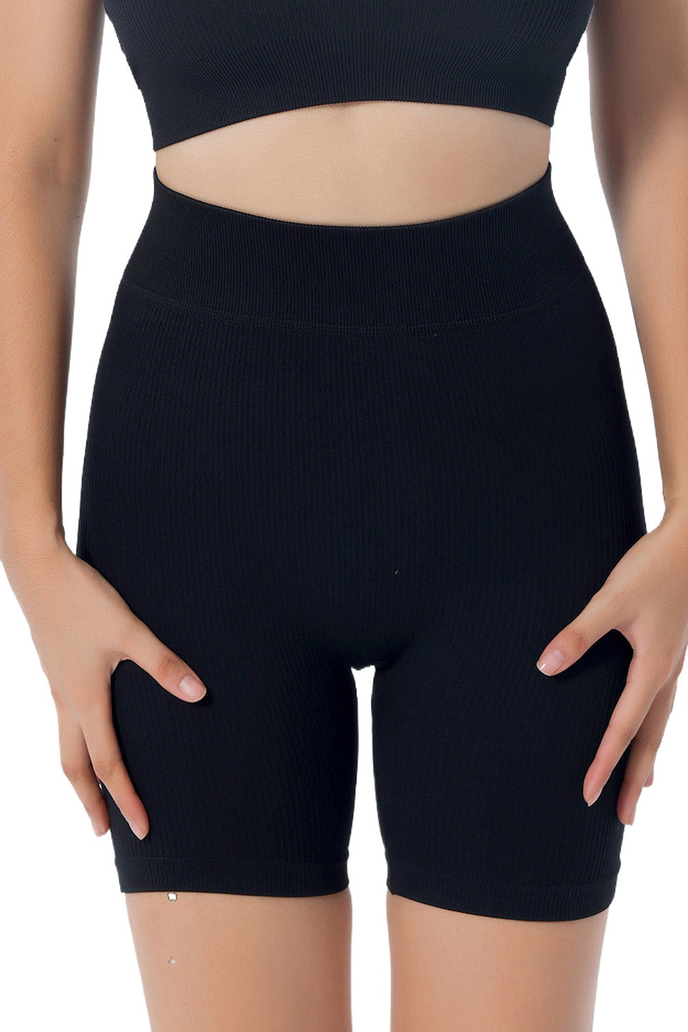 Black Stretchy Ribbed High Waist Yoga Shorts