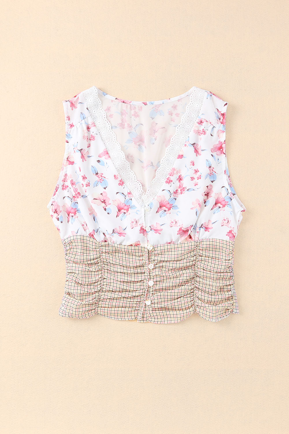 White Floral Plaid Lace Patchwork Tank Top