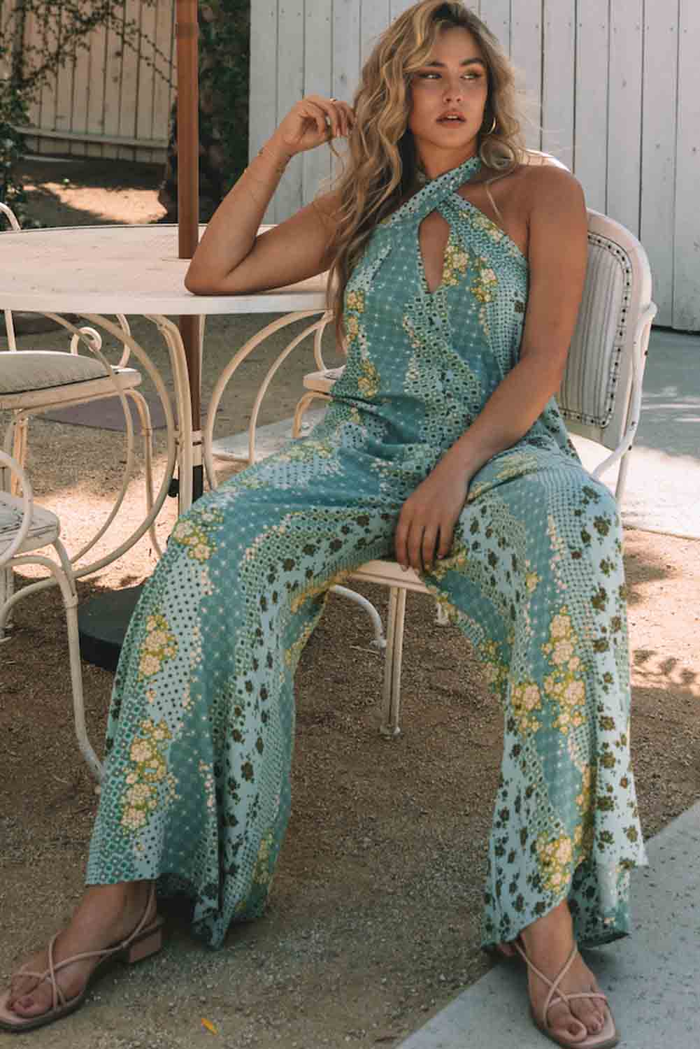 Sky Blue Boho Print Cut-out Halter Neck Backless Jumpsuit