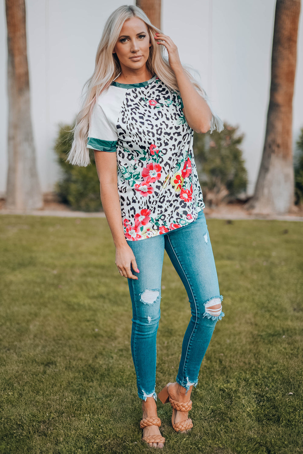 Leopard Floral Camouflage Raglan Sleeve T-shirt