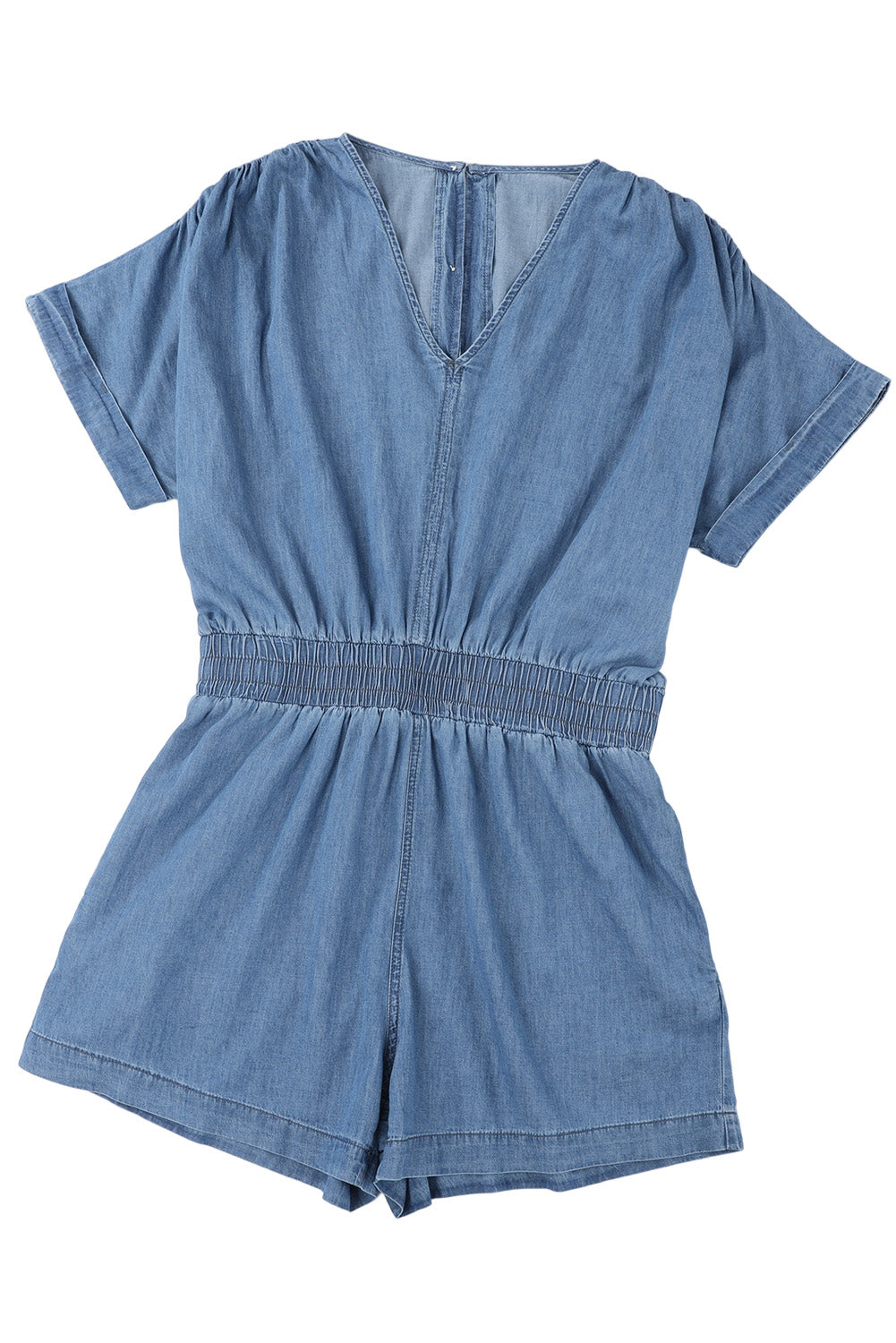 Sky Blue V Neck Smocked Waist Pocketed Chambray Romper