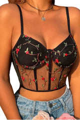 Black Floral Embroidery Mesh Bustier Bralette