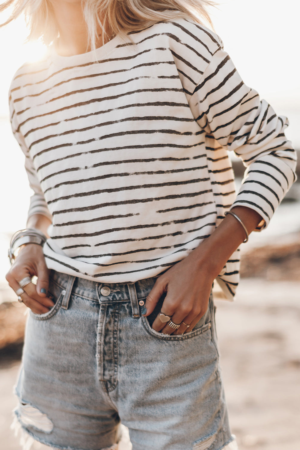 White Retro Striped Casual Long Sleeve Top