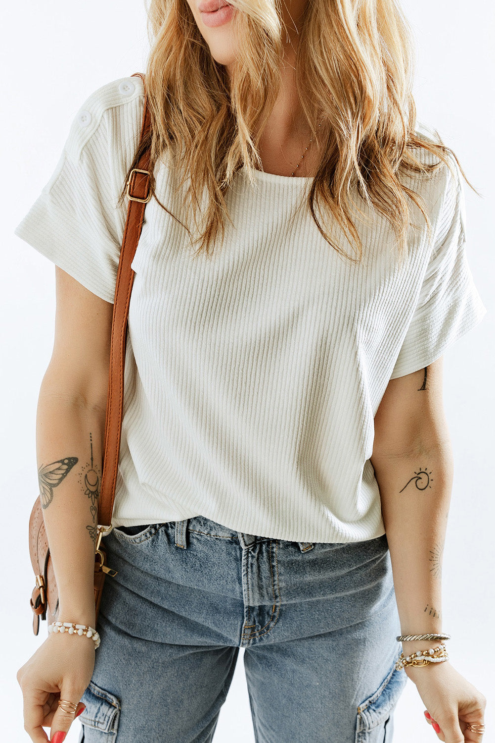 White Ribbed Texture Buttoned Shoulder Top