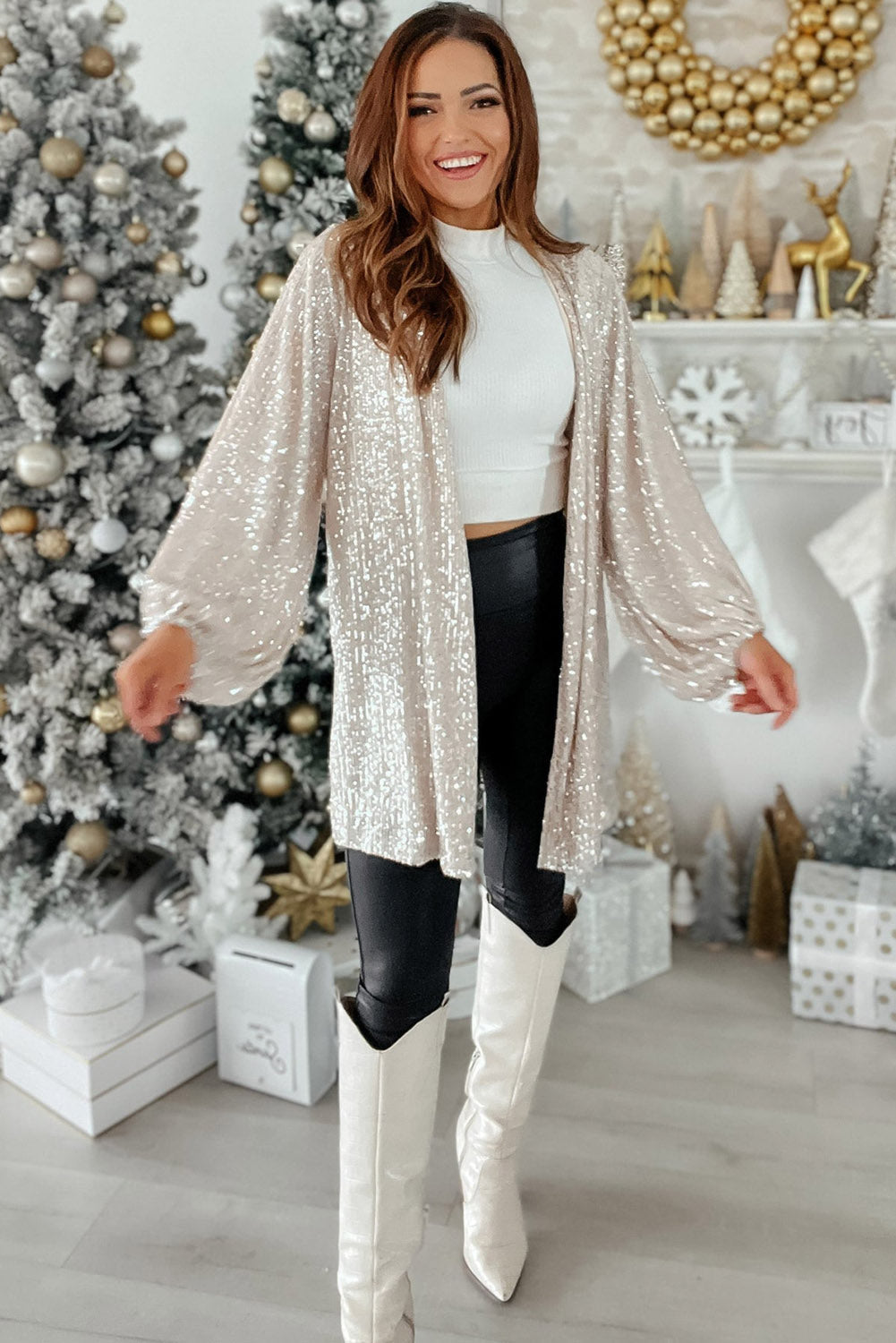 Apricot Sequin Bubble Sleeve Open Front Top