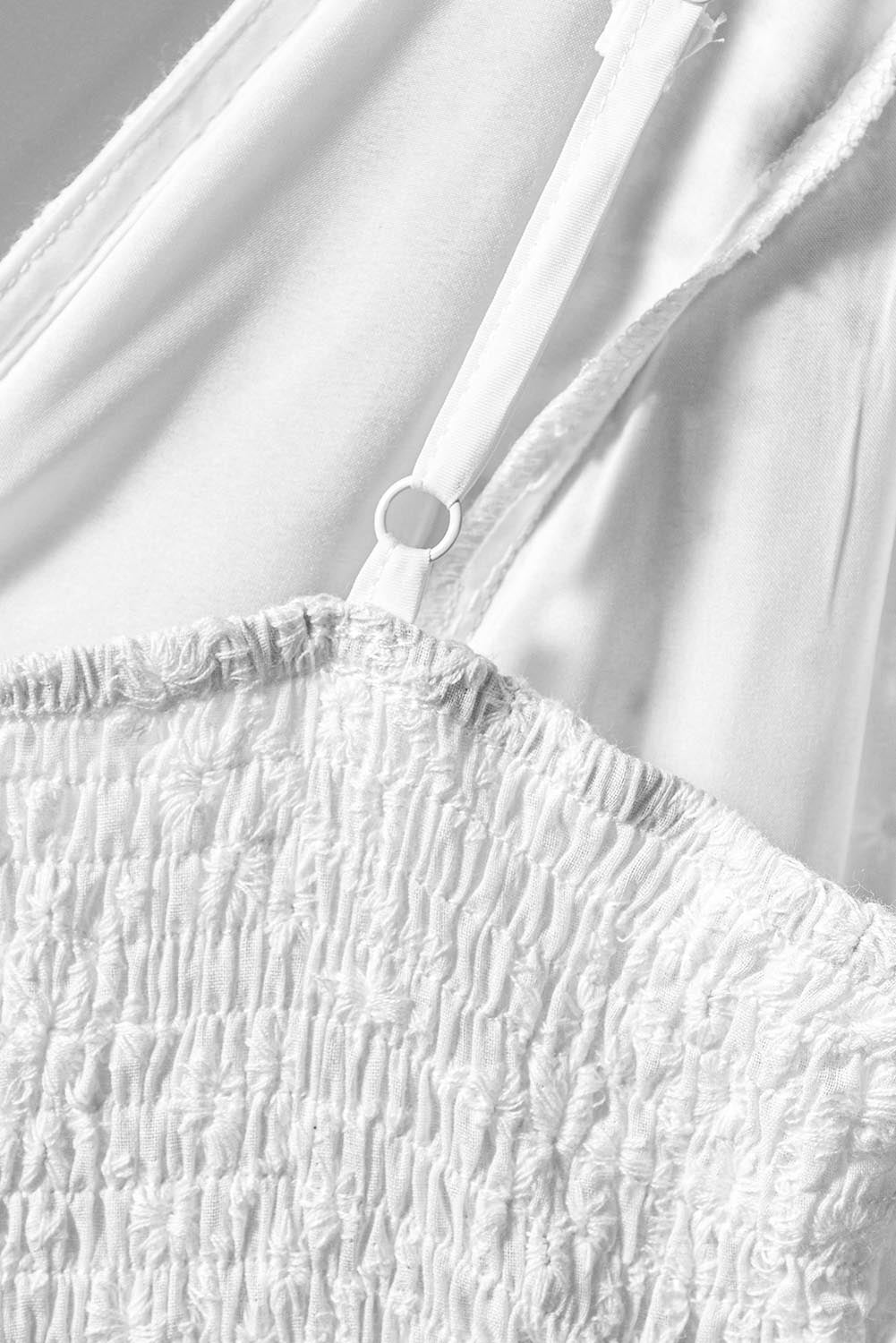 White Embroidered Spaghetti Straps Maxi Dress with Pearls