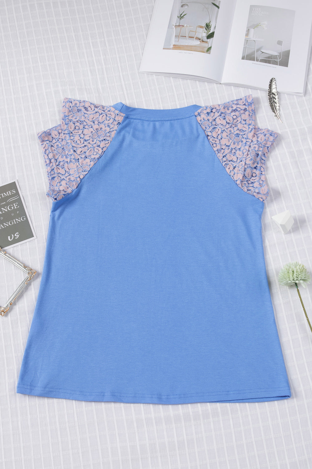 Sky Blue Tiered Lace Sleeve Knit Top