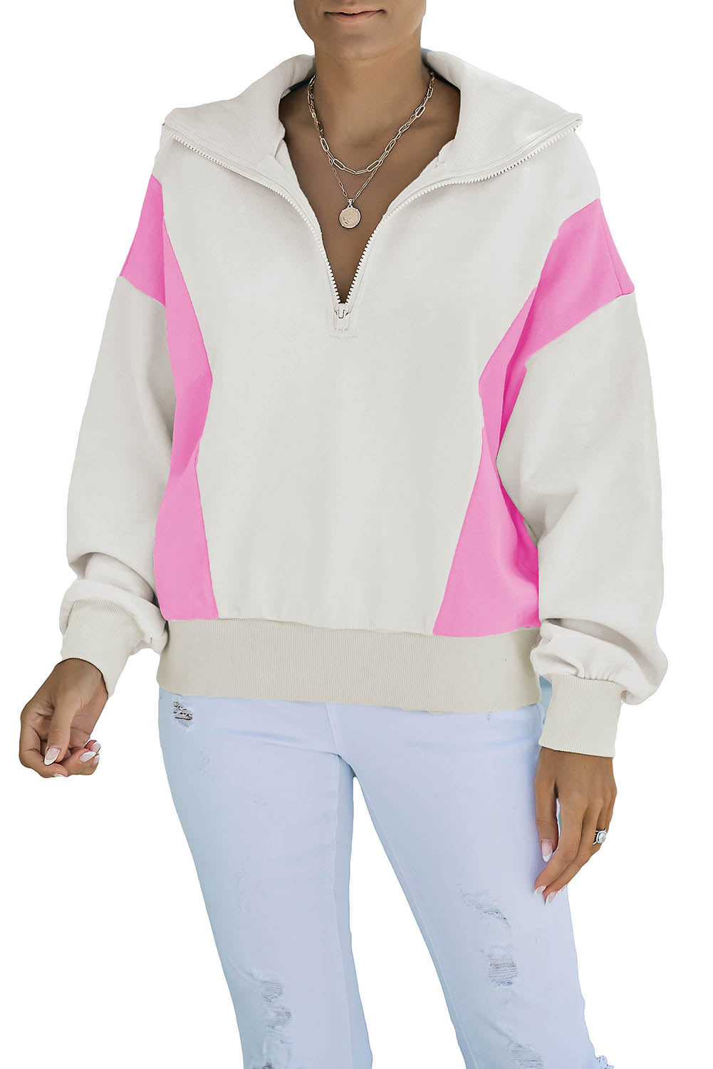 Beige Zipped Turn-down Collar Colorblock Drop Shoulder Sweatshirt