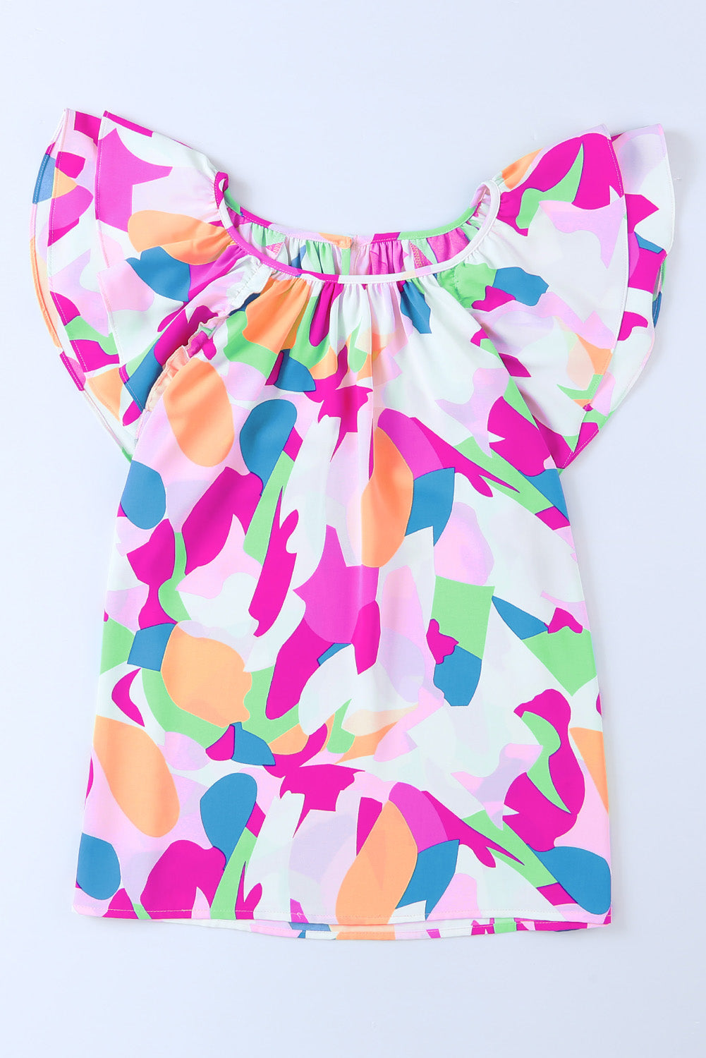 Multicolor Abstract Pattern Ruffle Short Sleeves Blouse