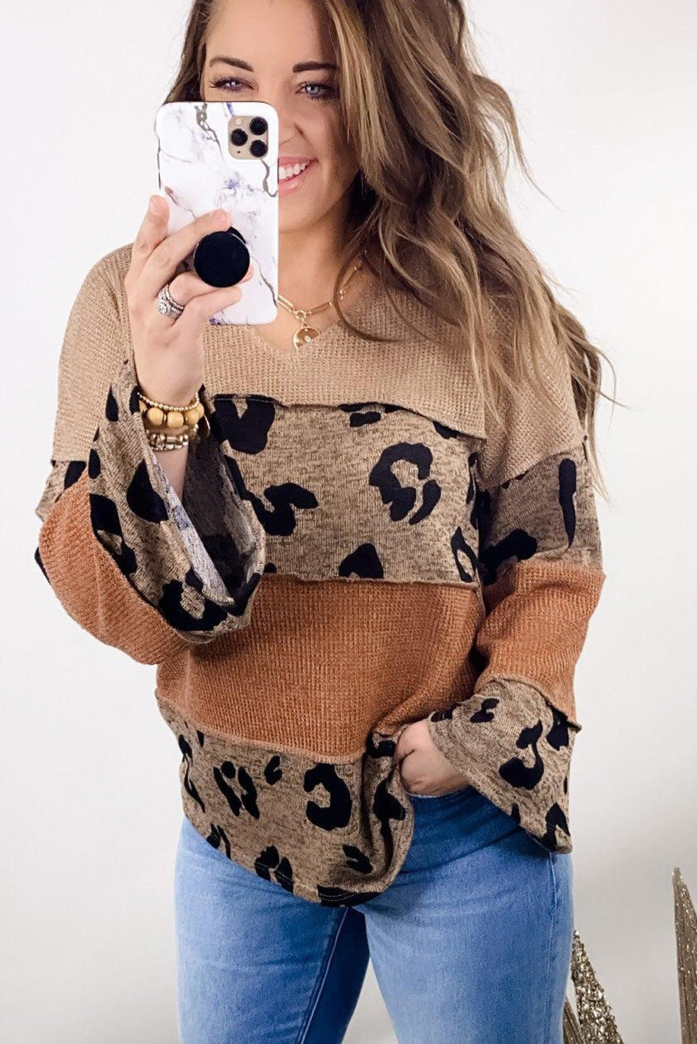 Leopard Colorblock Patchwork V-Neck Loose Sleeve Knit Top