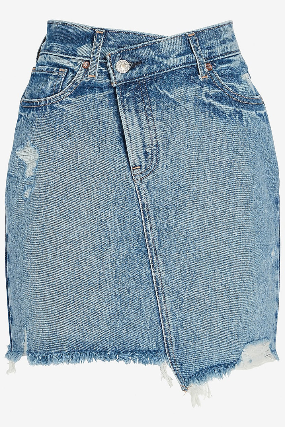 Sky Blue Diagonal Seam Raw Hem Distressed Denim Skirt