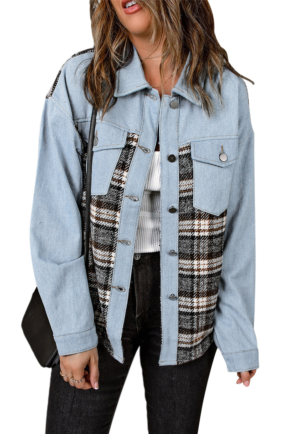 Sky Blue Plaid Patchwork Raw Hem Denim Jacket