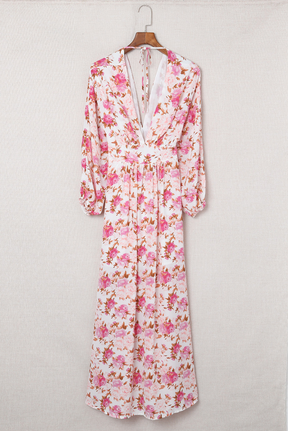 Purple Deep V Neck Ruched High Waist Floral Maxi Dress