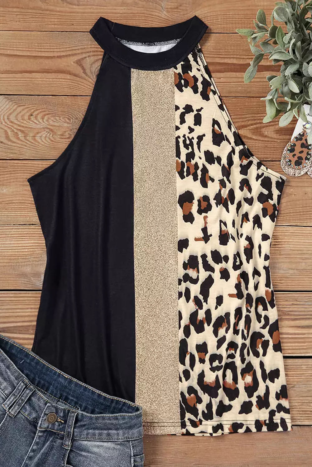 Black Leopard Color Block Casual Tank Top