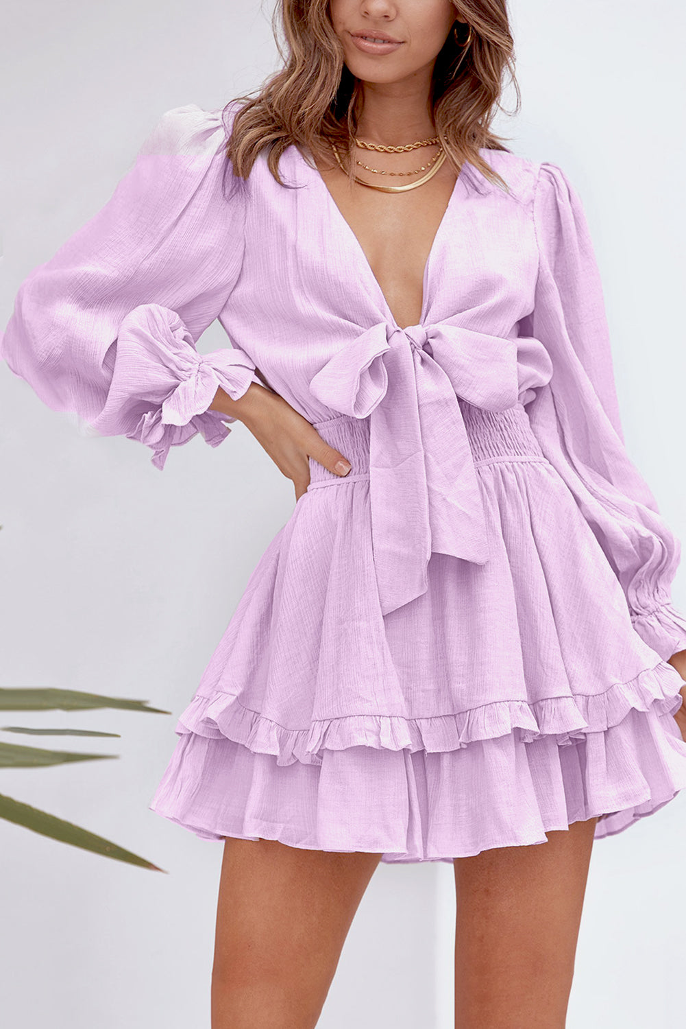 Amicgp V Neck Lantern Sleeve Knotted Tiered Mini Dress