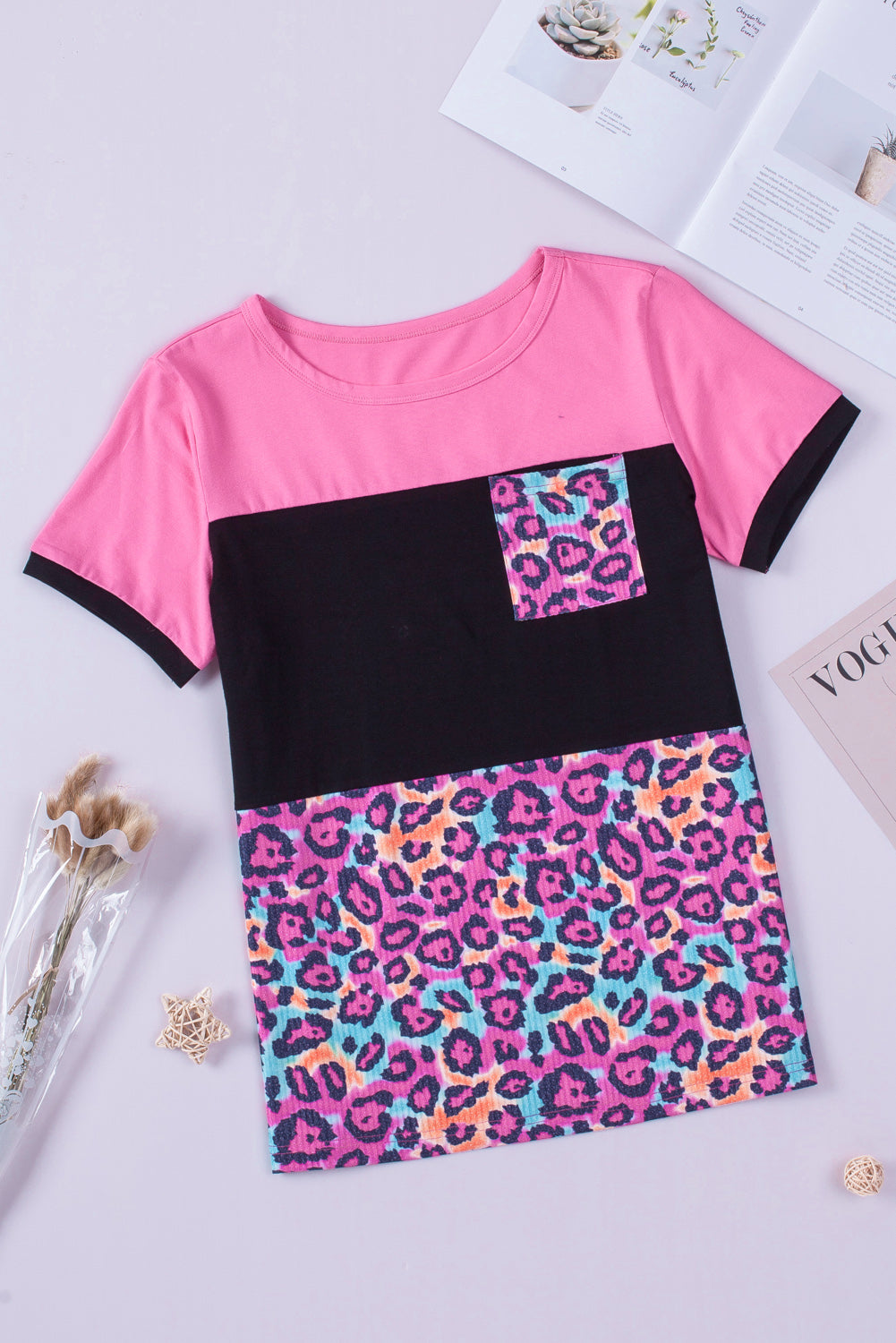 Rose Leopard Print Color Block Textured T-shirt