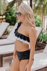 Black Color Block Flounce Ruched One Shoulder Bikini