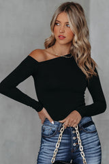 Black Asymmetrical Neckline Long Sleeve Knit Top