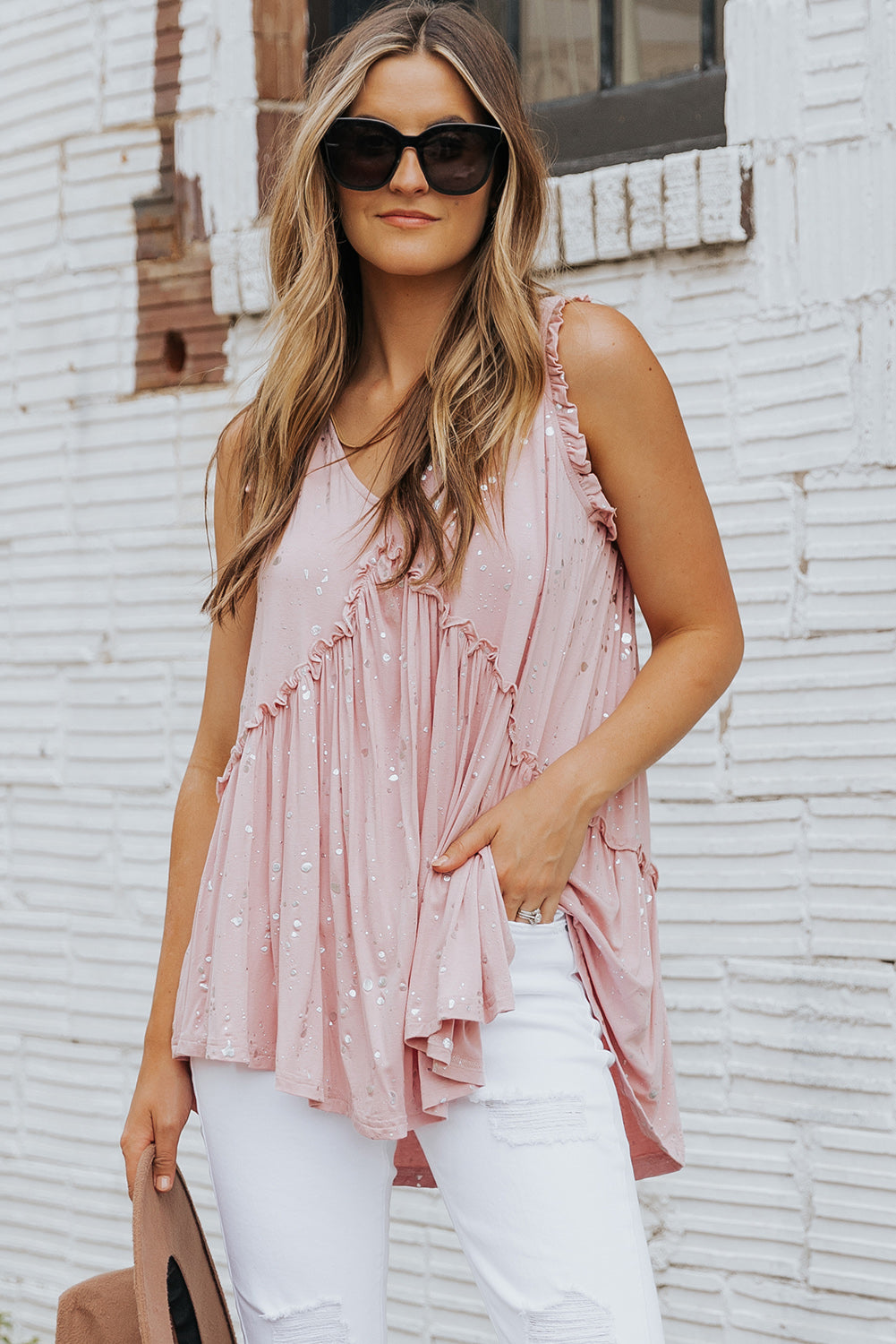 Pink Foil Splatter Drops Ruffled Flowy Tank