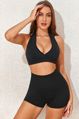 Black Hater Deep V Neck High Waist Yoga Set