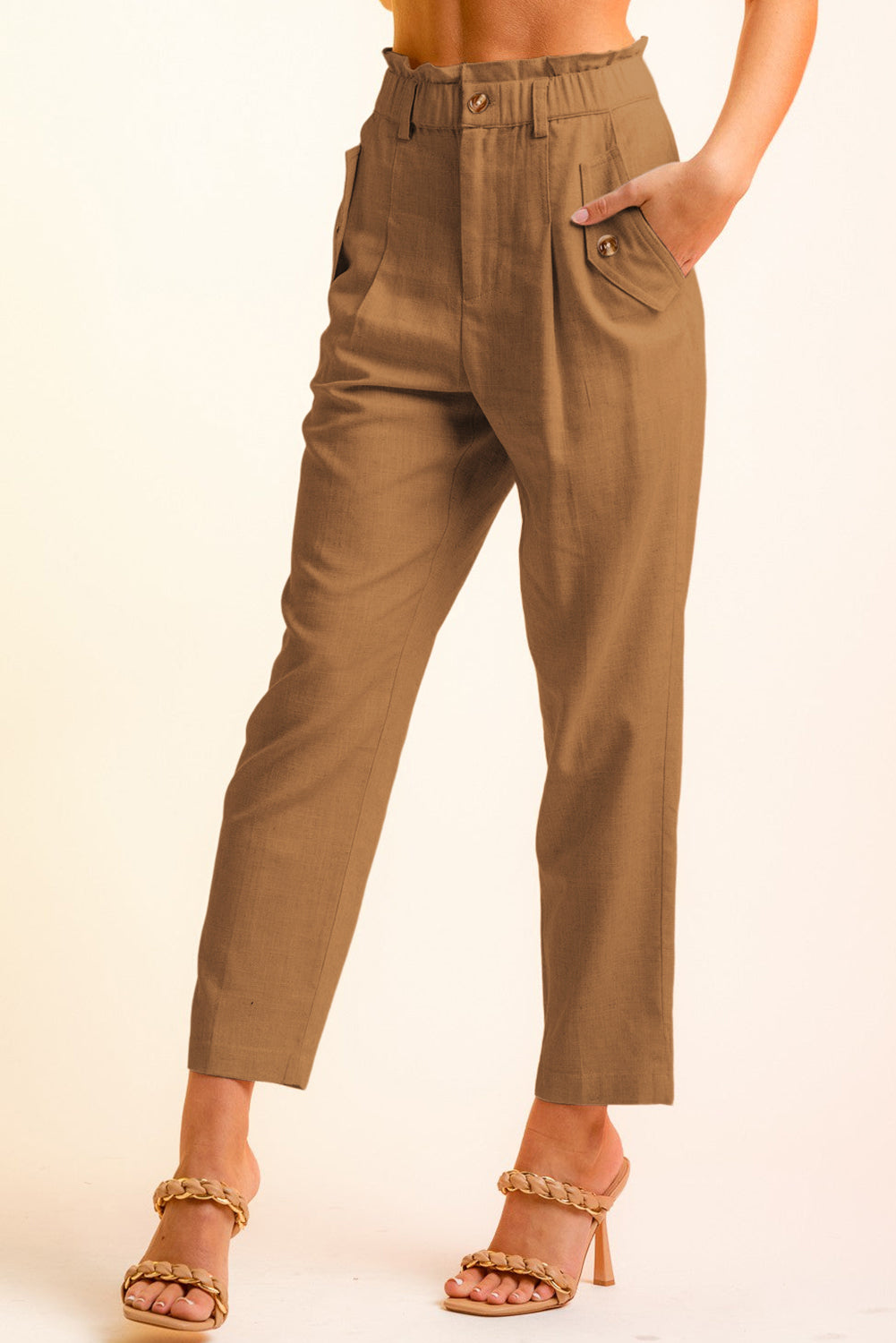 Brown Button Flap Pocket High Waisted Linen Pants