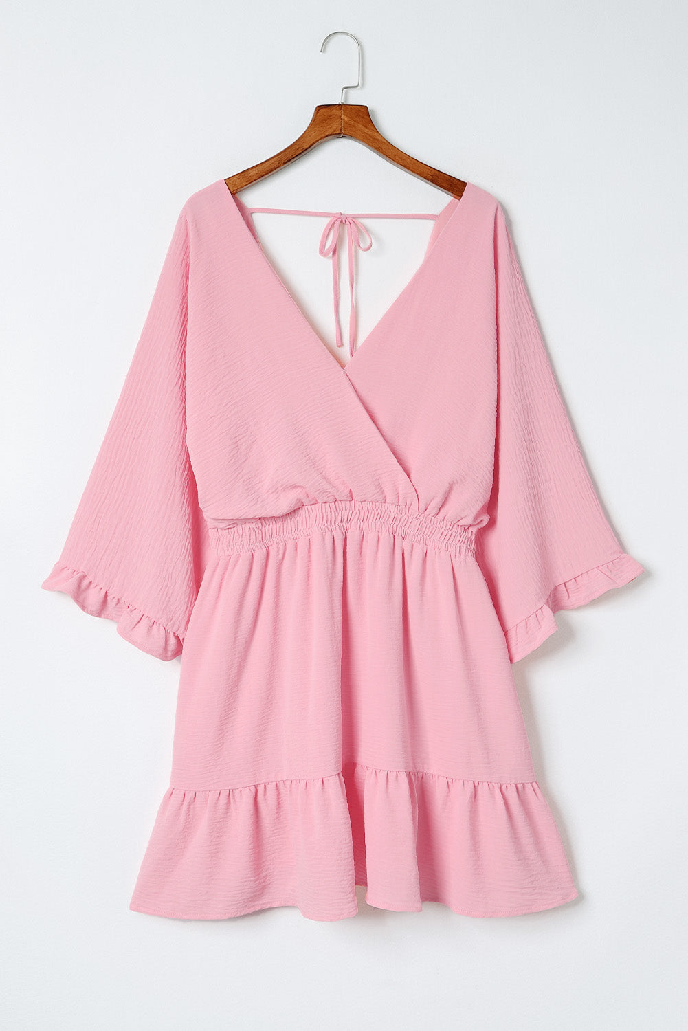 Pink Ruffled Knotted Open Back Wrap V Neck Plus Size Dress