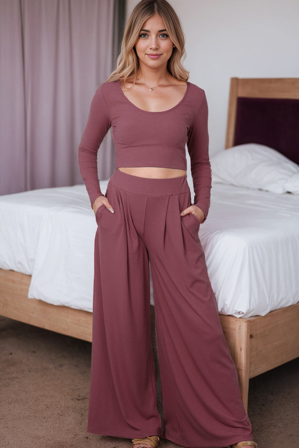 Gray Solid Color Ribbed Crop Top Long Pants Set