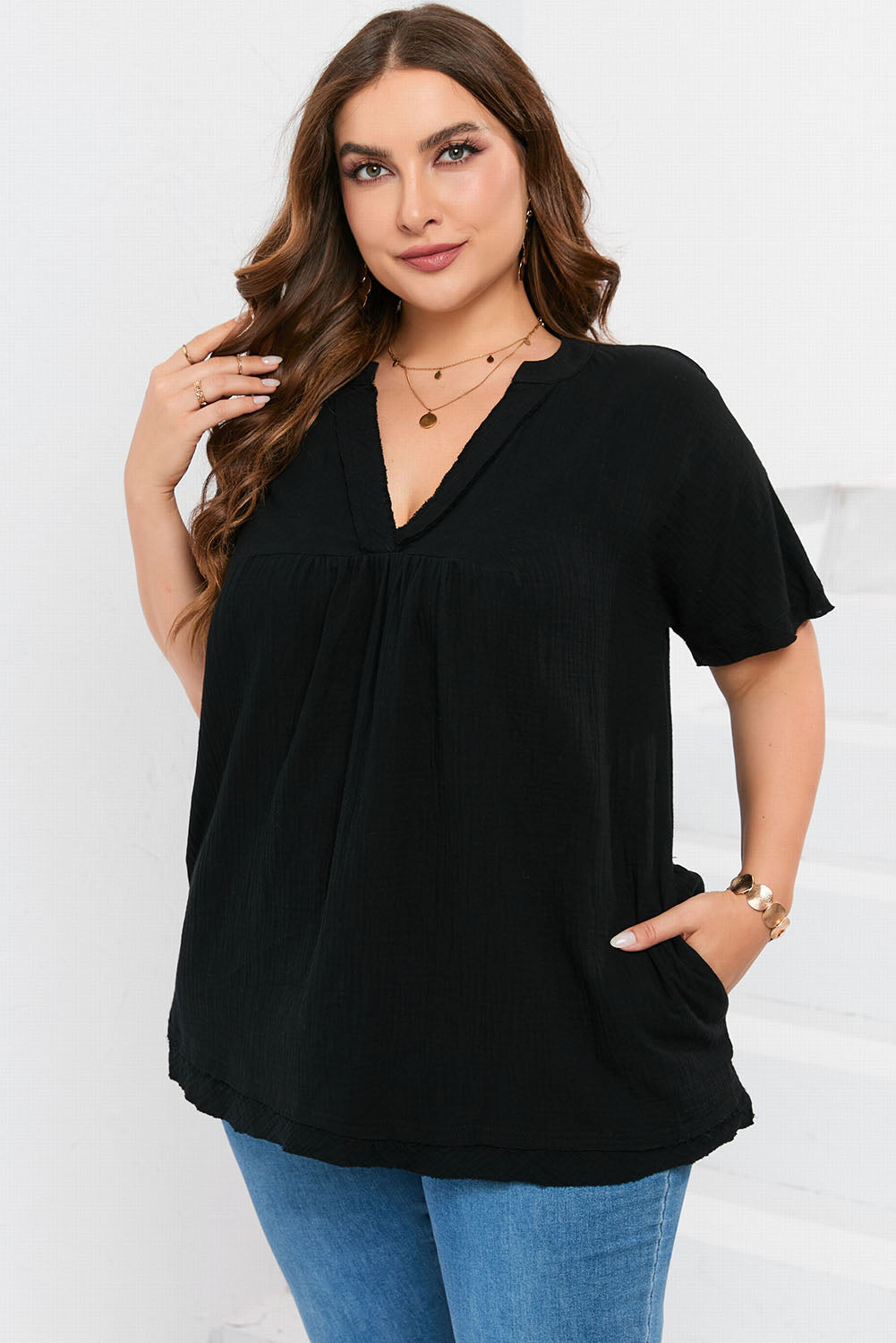 Black Plus Size Textured Short Sleeve Babydoll Blouse