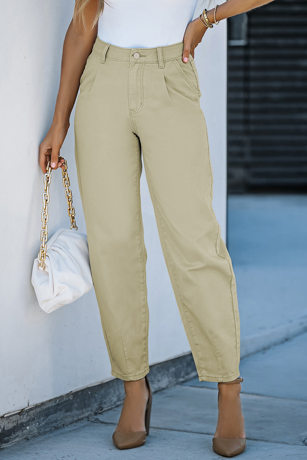 White Solid High Waist Casual Pants