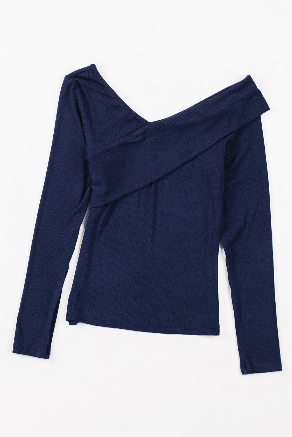 Blue Ribbed Wrap V Neck Long Sleeve Top