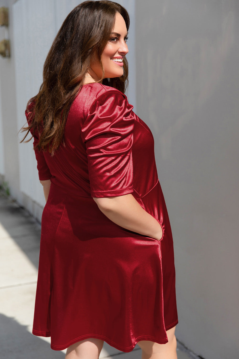 Red Plus Size Ruched Puff Sleeves Fit Flare Midi Dress