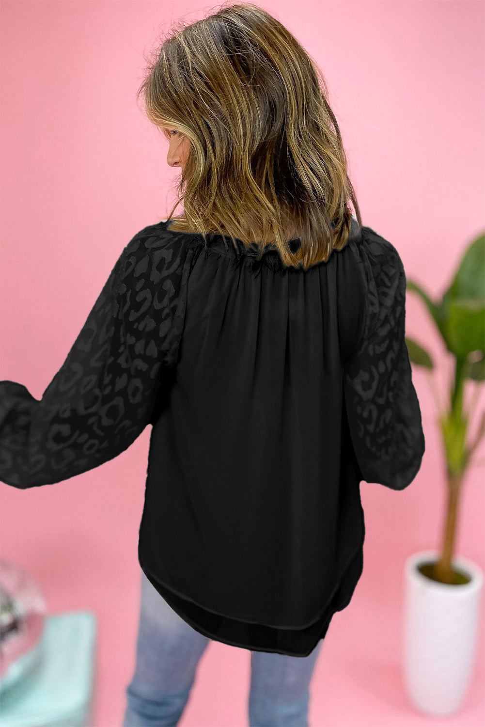 Black Leopard Mesh Bubble Sleeve Split Neck Blouse