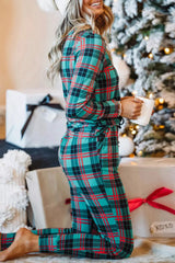 Green Plaid Print Long Sleeve Top and Drawstring Joggers Pajama Set